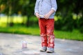 Close-up photo of little kid boy drawing with colored chalk on asphalt. Royalty Free Stock Photo