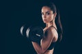 Close up photo of lovely serious girl hold hand barbells look want be slender over black background
