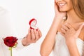 Close up photo of making proposal of marrige to happy girlfriend