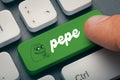 Close up photo of male hand finger pressing pepe memecoin computer key on keyboard. Cryptocurrrency mining or trading concept