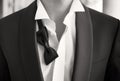 Close-up photo of man in tuxedo with open shirt and loose bow tie Royalty Free Stock Photo