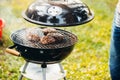 Close-up photo of meat on grill. Tasty food cooking. Friends picnic on warm summer day Royalty Free Stock Photo