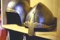 Close-up photo of medieval helmet , ancient warrior iron knight shining style . Concept of old vintage traditions , extreme fight Royalty Free Stock Photo