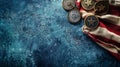 A close-up photo of military medals and a folded flag of bravery, a folded flag highlighting their intricate Royalty Free Stock Photo