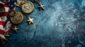 A close-up photo of military medals and a folded flag of bravery, a folded flag highlighting their intricate Royalty Free Stock Photo