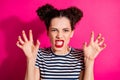 Close up photo of monstrous crazy mad terrifying horrifying youngster frightening you in striped t-shirt with violent