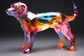 A close-up photo of a multicolored glass sculpture of a dog on a black background