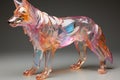 A close-up photo of a multicolored glass sculpture of a dog on a black background