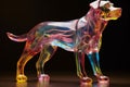 A close-up photo of a multicolored glass sculpture of a dog on a black background