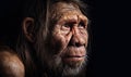 close up photo of Neanderthal archaic human on black background. Generative AI