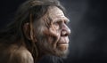 close up photo of Neanderthal archaic human on dark blurry cave background. Generative AI