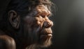 close up photo of Neanderthal archaic human on dark blurry cave background. Generative AI