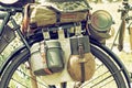 Close up photo of old military bicycle with equipment, retro photo filter Royalty Free Stock Photo