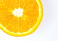 Close up photo of Orange Fruit on the white and orange background. Citrus cut in half, inside, macro view. Minimalism, original Royalty Free Stock Photo