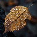 This is a close-up photo of overlapping autumn leaves with droplets of water on them, showcasing rich colors and Royalty Free Stock Photo