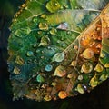 This is a close-up photo of overlapping autumn leaves with droplets of water on them, showcasing rich colors and Royalty Free Stock Photo