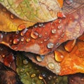 This is a close-up photo of overlapping autumn leaves with droplets of water on them, showcasing rich colors and Royalty Free Stock Photo