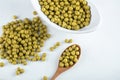 Close up photo. Pile of green olives. On white background