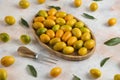 Close up photo, Pile of kumquats on wooden plate