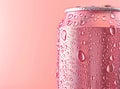 close up photo of a pink soda can with water drops on pure pastel background with copyspace