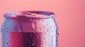close up photo of a pink soda can with water drops on pure pastel background with copyspace