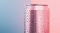 close up photo of a pink soda can with water drops on pure pastel background with copyspace