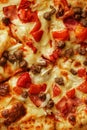 Close up photo of pizza topping in vertical orientation