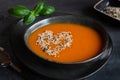 Close-up photo of plate with fresh homemade pumpkin cream soup with seeds and basil on dark background Royalty Free Stock Photo
