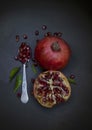 Close up photo pomegranate on black background with copy space