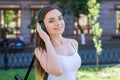 Close up photo portrait of charming gorgeous attractive lovely sweet dreamy nice in good mood with beaming smile she her lady long Royalty Free Stock Photo