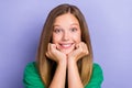 Close up photo portrait of cute pretty lady two arm hold under head chin look camera good mood isolated on purple color Royalty Free Stock Photo