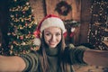 Close up photo of positive cheerful girl newyear blogger influencer take selfie video call show her christmas party time Royalty Free Stock Photo