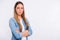 Close up photo of pretty attractive bossy lady looking in camera isolated grey background