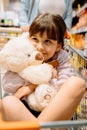 Close up photo of a pretty girl inside the shopping cart with crossed legs and holding in her hands soft bear toy Royalty Free Stock Photo