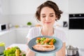 Close up photo of pretty housewife lady chef hold ready grilled salmon trout fillet steak with garnish cook dinner one Royalty Free Stock Photo