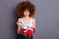 Close up photo of pretty lady big giftbox hands open wondered what inside wear white tank-top isolated grey background