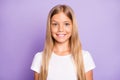 Close up photo of pretty positive cheerful child look have fun free time holidays with her family friends wear white t