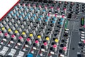 Close up photo of a professional sound mixer with many adjustments, knob switches and buttons of audio mixer control panel. Royalty Free Stock Photo