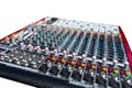 Close up photo of a professional sound mixer with many adjustments, knob switches and buttons of audio mixer control panel. Royalty Free Stock Photo