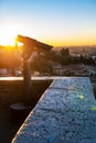 A close up photo of a public monocular on the top of a mountain with spectacular aerial views of the old city of Verona in Italy.