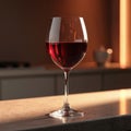 Close up photo of a red wine glass. Ruby red wine in transparent glass stands on the table. Focus on drink, stemware. Ambient Royalty Free Stock Photo