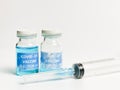 Close up photo rejected and torn label covid 19 vaccine doses with syringe. Royalty Free Stock Photo