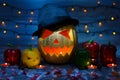 Close up photo of scaring frightening terrifying orange lightening with candle pumpkin in dark night Royalty Free Stock Photo