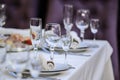set of glasses for wine, champagne and cognac on a arranged table for a event Royalty Free Stock Photo