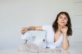 photo of a sexy brunette working at the sewing machine Royalty Free Stock Photo