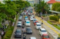 close up photo shoot vehicle on traffic jam after rain at Margonda street depok