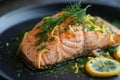 This close-up photo showcases a plate of food featuring a delicious serving of salmon, Dish of wild-caught salmon with lemon zest Royalty Free Stock Photo