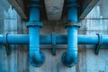 This close-up photo showcases a wall with blue pipes securely attached, creating a functional and practical infrastructure, Blue