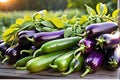 A close-up photo showcasing an array of vibrant freshly harvested vegetables on a rustic wooden table