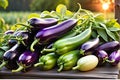 A close-up photo showcasing an array of vibrant freshly harvested vegetables on a rustic wooden table